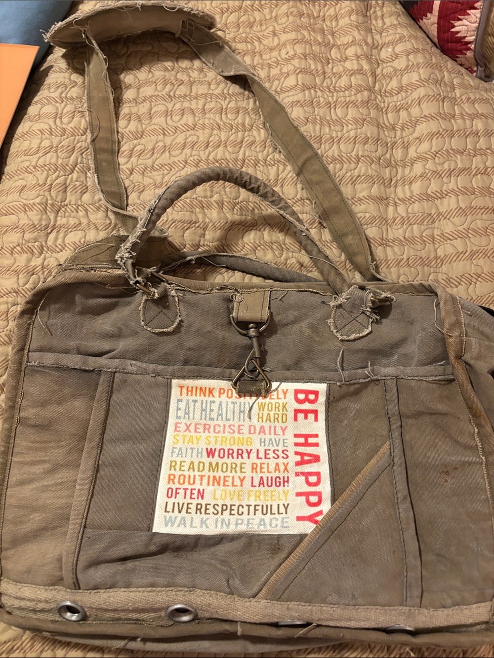 Vintage Addiction “Be Happy” recycled military tent